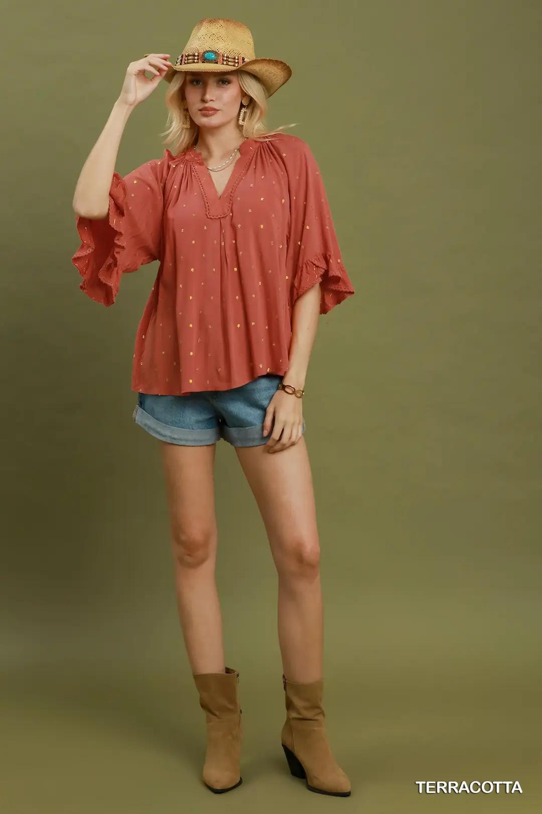 Umgee V-Neck Solid Top with Dot Accents - Terracotta