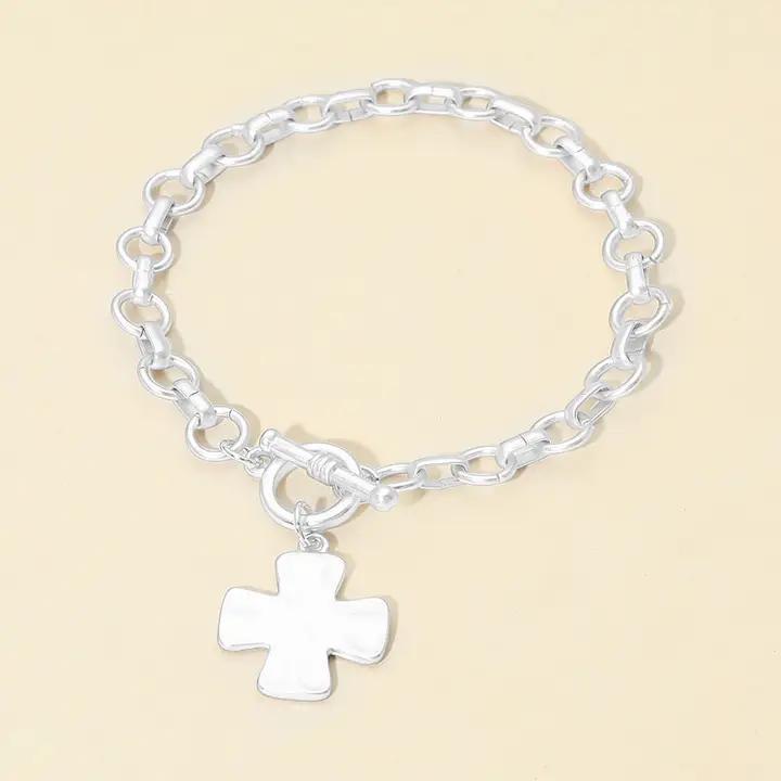 Matte hammered Metal Cross Charm Toggle Chain Link Bracelet