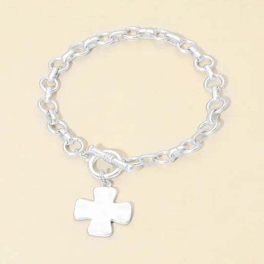 Matte hammered Metal Cross Charm Toggle Chain Link Bracelet