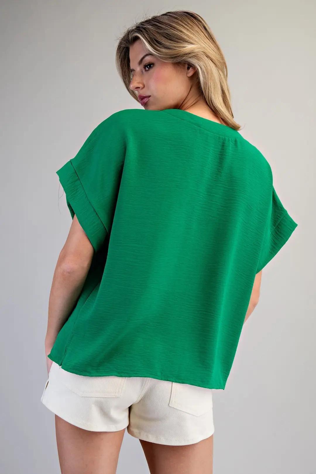 EE:SOME Solid V-Neck Short Sleeve Blouse