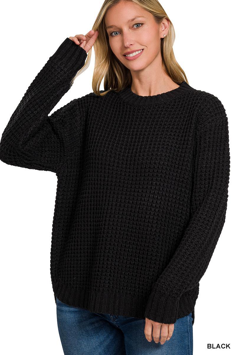 ZENANA TW-2416Y  Heather Gray H/L Round Neck Waffle Sweater