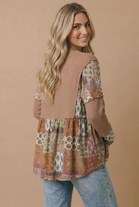 Boho Print Color Block Knit Top