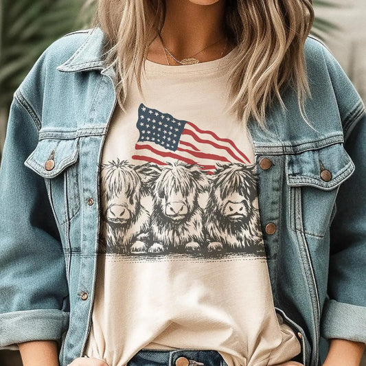 USA Cow Patriotic Flag Western 4th Of July Texas Graphic Tee