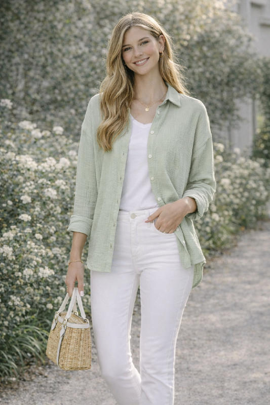 Cotton Gauze Akoya Shell Button Front Top (Multiple Colors)
